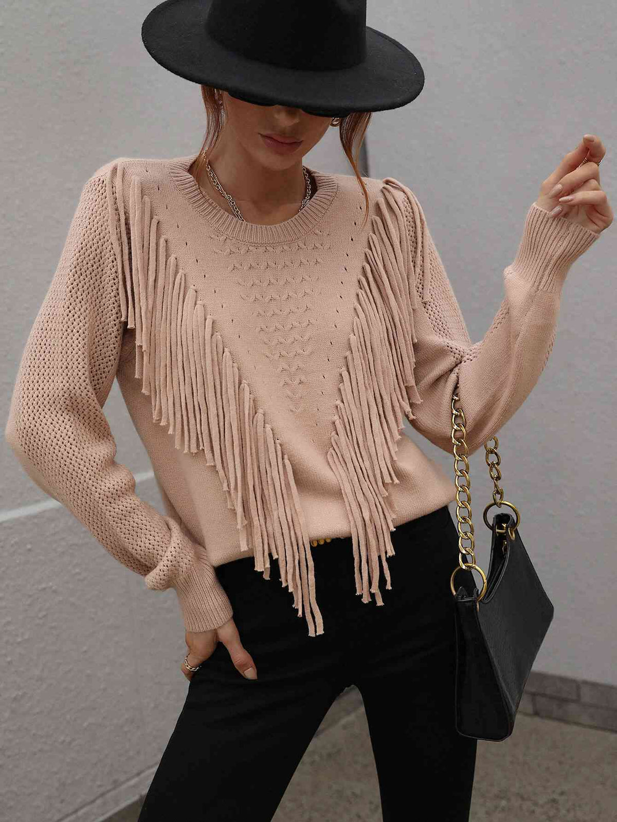 Fringe Long Sleeve Shirt Detail Ribbed Trim Sweater