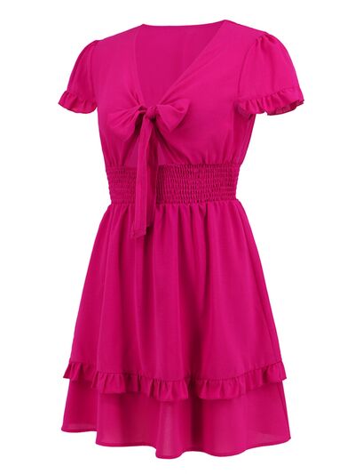 New Womens Tied V-Neck Tiered Ruffle Sexy Casual Short Sleeve Mini Dress