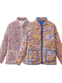 Women's Fashion Coat Floral Open Front Puffer Jacket with Pockets