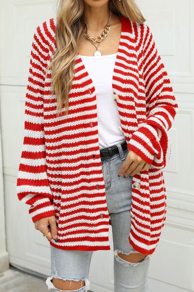 Striped Button Up Long Sleeve Cardigan Women’s Open Sweater