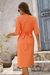 Women's Fashion Orange Shirt Dress  Notched Neck Half Sleeve Midi Dress