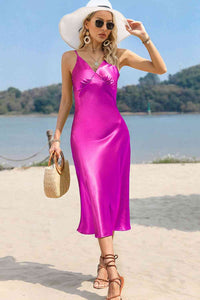 Women's Sexy Vacation Dress Spaghetti Strap Satin Midi Dress