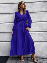 Long Sleeve Maxi Dress Pleated Surplice Waist Tie Midi