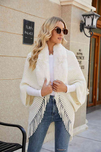 Womens Open Sweater Fringe Detail Long Sleeve Ribbed  fashion Poncho