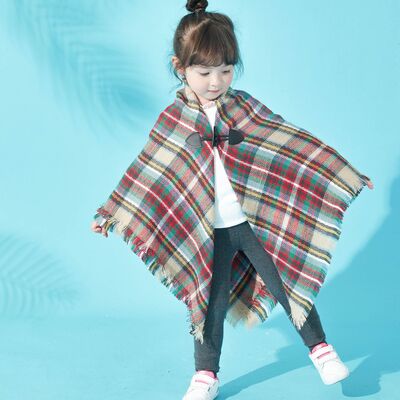 Plaid Horn Buckle Fringe Hem Shawl Girls Fashion Kids Clothing Sweater for Girls