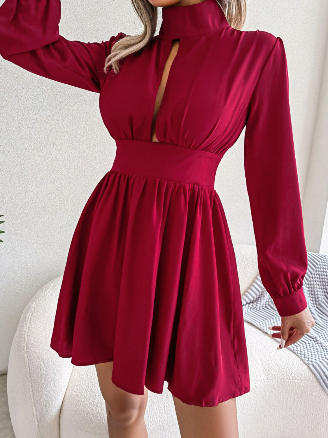 Cutout Turtleneck A-Line Long Sleeve Mini Dress