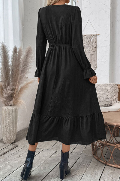 Smocked Surplice Flounce Long Sleeve Midi Dress New WOMENS FASHION