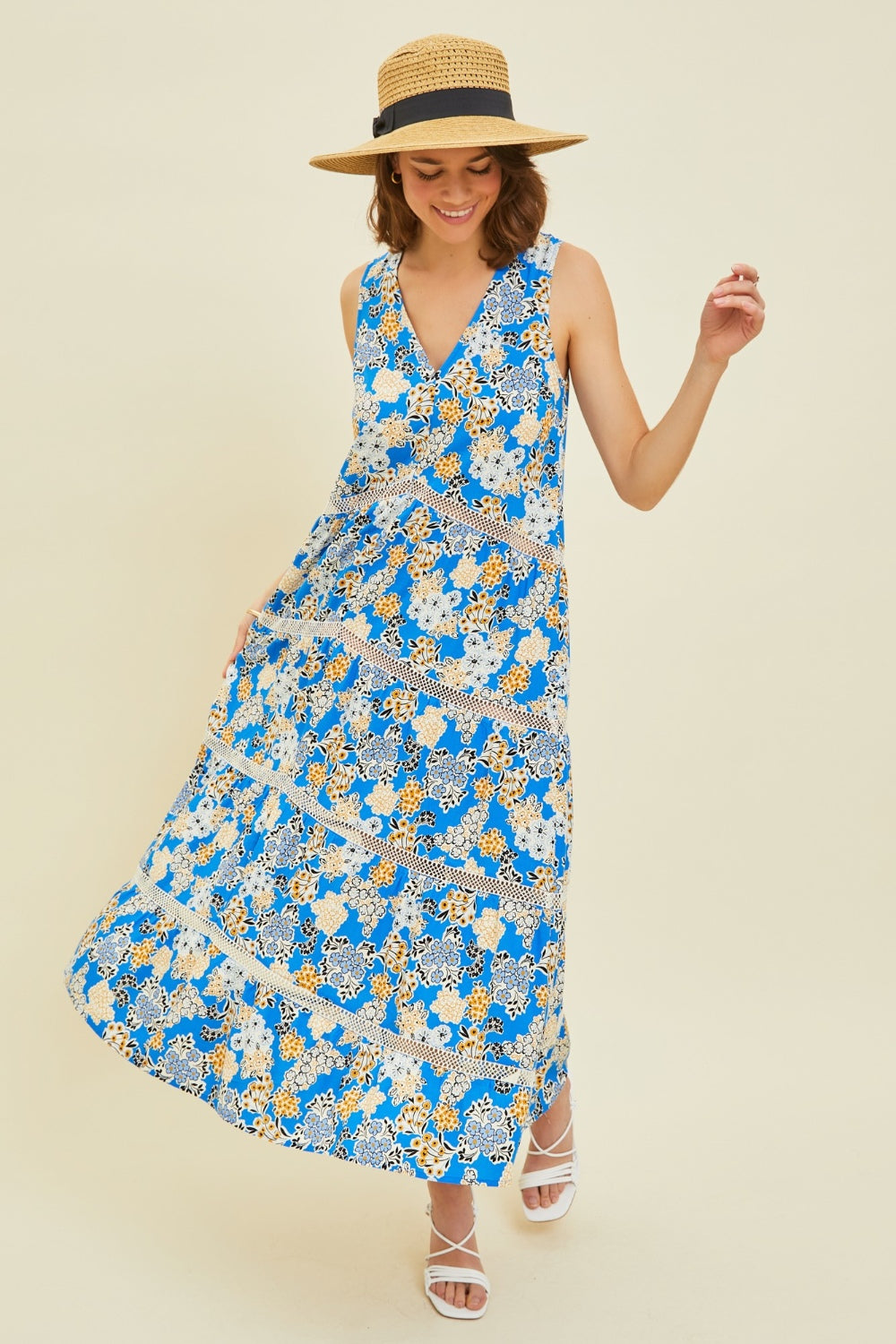 Floral Printed Blue Crochet Trim Maxi Dress Petite and Plus Size Fashion Casual Sleeveless  Dress