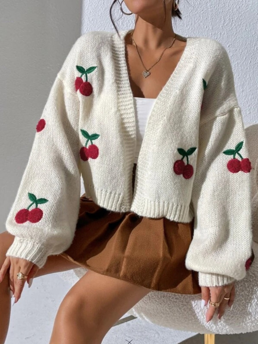 Fashion Sweater Cherry Graphic Open Front Dropped Shoulder Cardigan