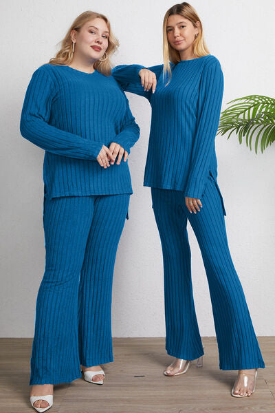 Matching Fashion Set  Ribbed High-Low Long Sleeve T-Shirt and Wide Leg Pants Set Casual Wear and Loungewear