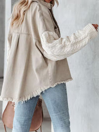 Women's Fashion Cable-Knit Raw Hem Denim Jacket Cotton Fashion