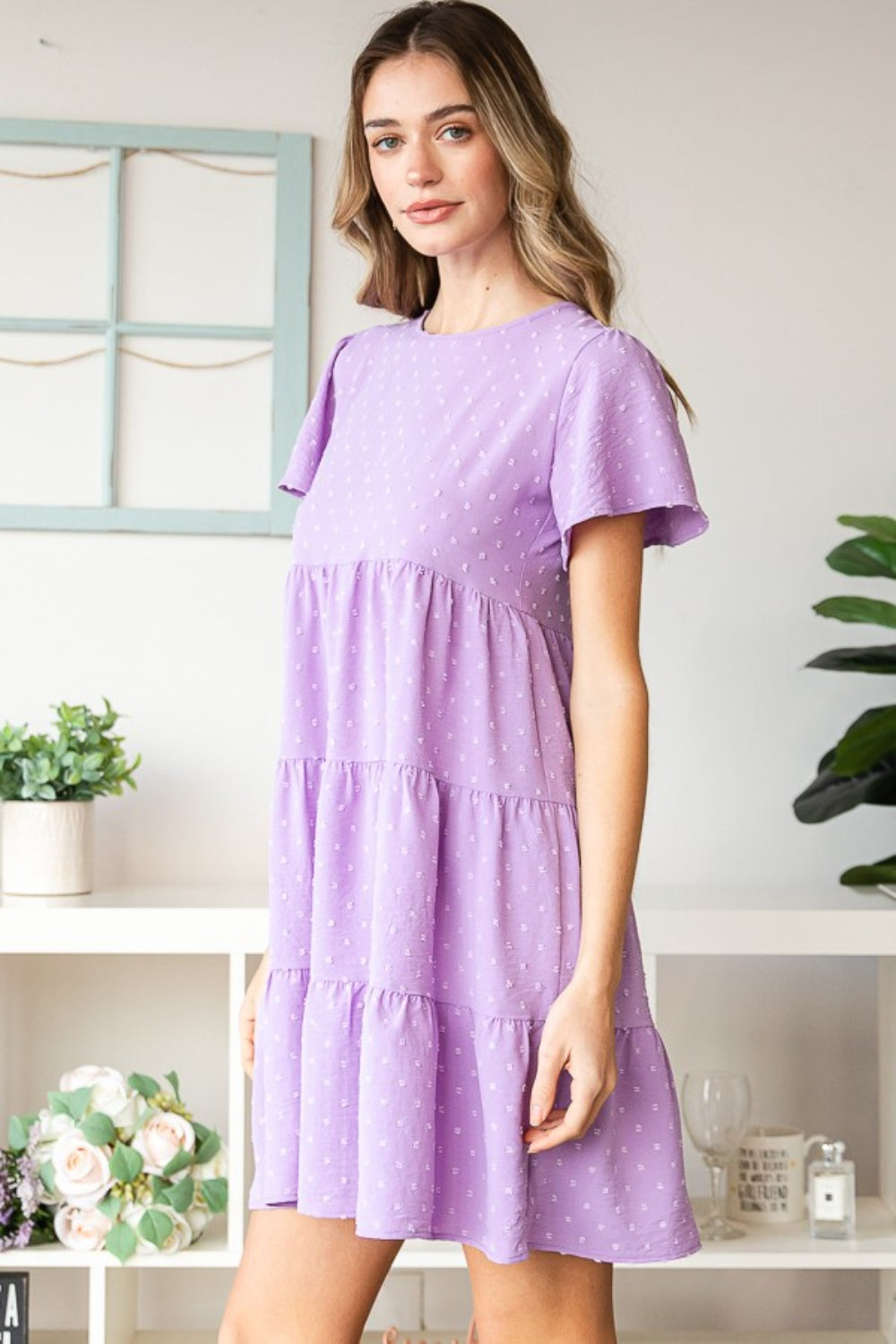 Women's Lilac Swiss Dot Short Sleeve Tiered Short Dress Petite and Plus Size Fashion Dresses