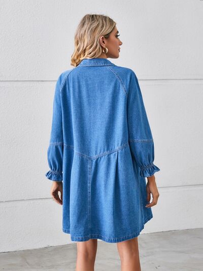 Long Sleeve Short Denim Dress Casual Women's fashion Button Up Flounce Sleeve Mini Denim Dress