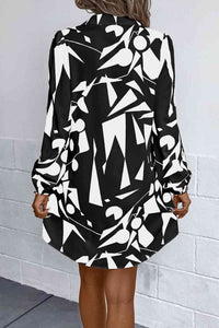 Women's Casual Black and White Geometric Pattern Long Sleeve Shirt Dress