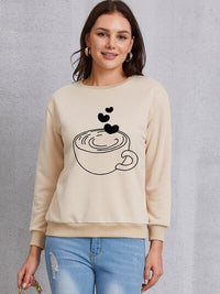 Coffee Lover Fashion Sweater Cup Graphic Round Neck Dropped Shoulder Sweatshirt