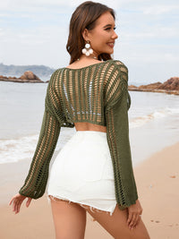 Crochet Crop Top Sweater Openwork Boat Neck Long Sleeve Bikini Cover-Up Top KESLEY