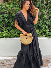 Plunge Neck Tie Sleeve Black Maxi Dress