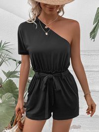 Black Shorts Romper Women's Fashion Off The Shoulder Single Single Shoulder Tie Waist Romper