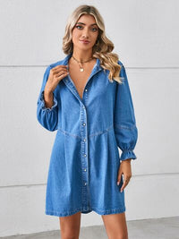 Long Sleeve Short Denim Dress Casual Women's fashion Button Up Flounce Sleeve Mini Denim Dress