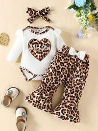 Letter Graphic Long Sleeve Bodysuit and Bow Leopard Pants Set Baby Girl Fashion Babies Gifts