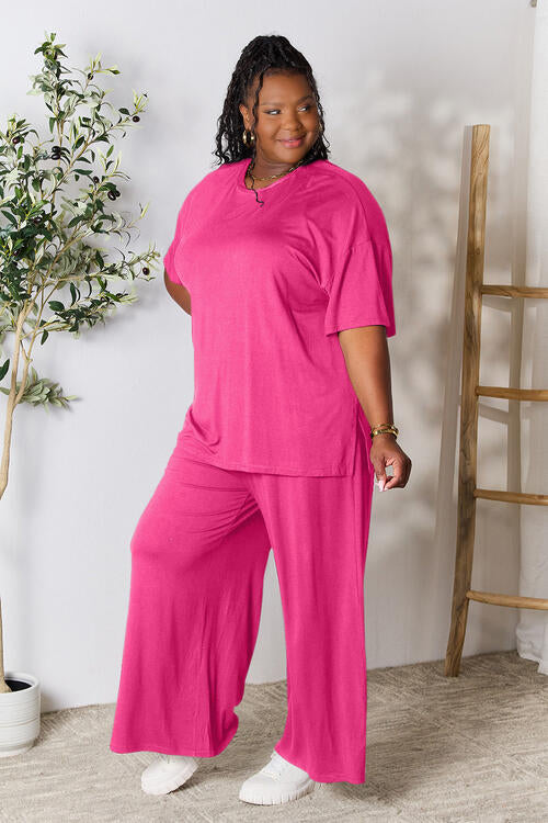 Double Take Full Size Round Neck Slit Top and Pants Set Loungewear T shirt and bottoms included