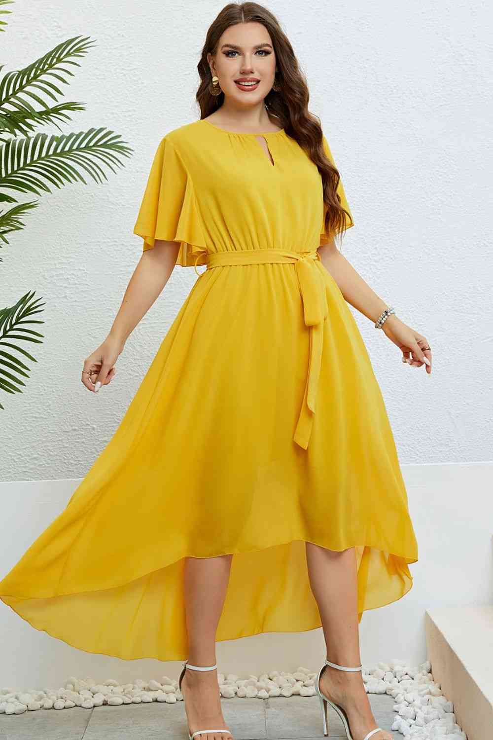 Women's Yellow Short Sleeve Dress Casual Belted Flutter Sleeve High-Low Dress Plus Size Fashion