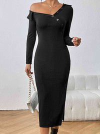 Black Off The Shoulder Dress Asymmetrical Neck Long Sleeve Slit Sweater Dress