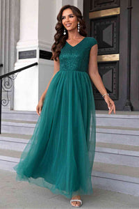 Sequin V-Neck Mesh Puffy Elegant Maxi Formal Party Dress