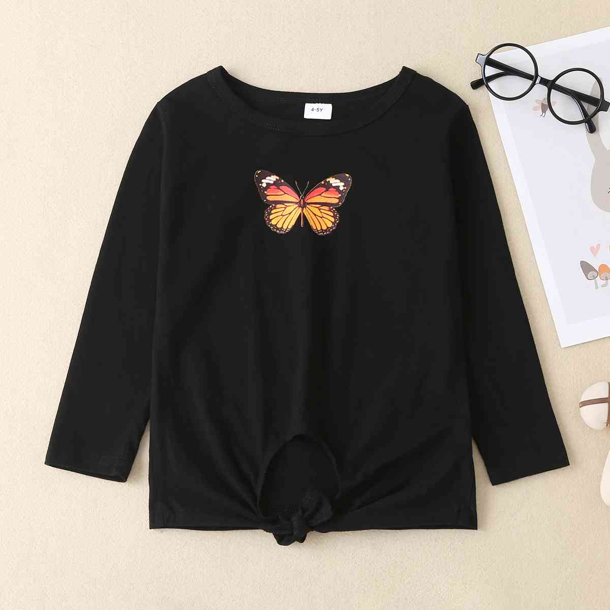 Girls Round Neck Butterfly Graphic Long Sleeve T-Shirt Kids Cotton Clothing and Gifts