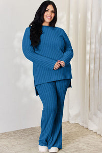 Matching Fashion Set  Ribbed High-Low Long Sleeve T-Shirt and Wide Leg Pants Set Casual Wear and Loungewear