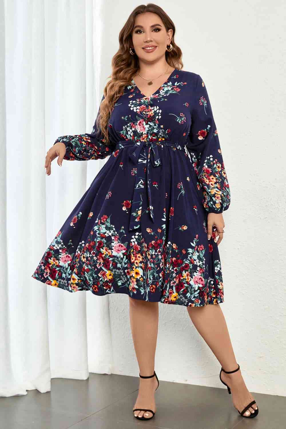 Melo Apparel Plus Size Floral Tie Waist Long Sleeve Dress