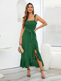 Green Waist Tie High Slit Dress Ruffled Smocked Tied Cami Maxi Dress Womens Fashion