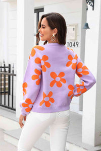 Floral Print Round Neck Dropped Shoulder Pullover Fashion Sweater