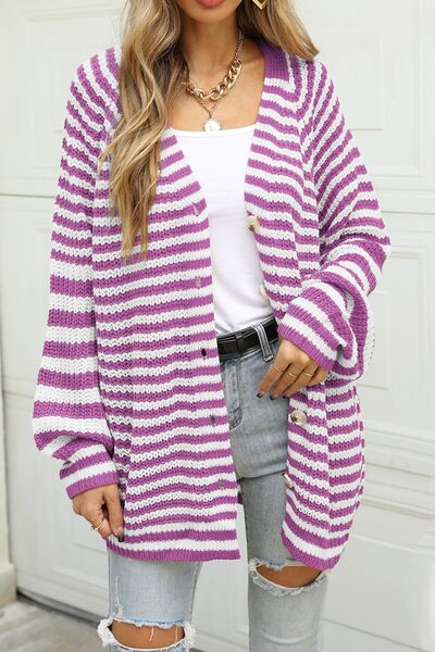 Striped Button Up Long Sleeve Cardigan Women’s Open Sweater