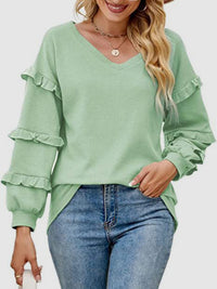 Women's Cotton Ruffled V-Neck Long Sleeve T-Shirt