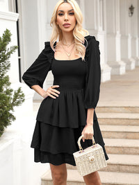 Ruffle Skirt Dress Off The Shoulder Casual Women's Fashion Smocked Elastic Waist Square Neck Layered Dress