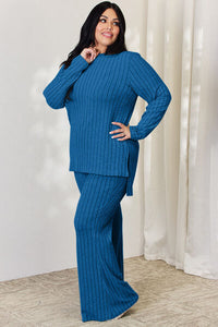 Matching Fashion Set  Ribbed High-Low Long Sleeve T-Shirt and Wide Leg Pants Set Casual Wear and Loungewear