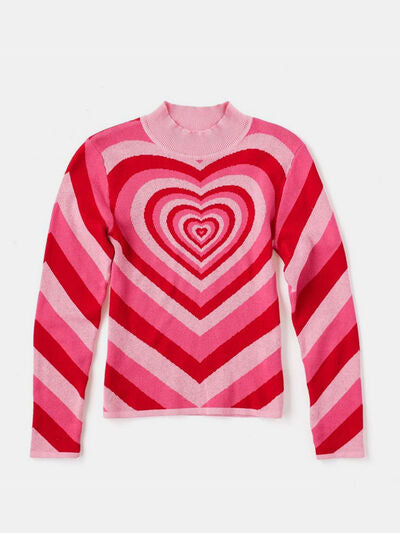 Heart Mock Neck Long Sleeve Fashion Sweater