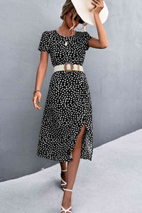 Women's Casual Printed Backless Slit Cutout Midi Dress (Belt Not Included)