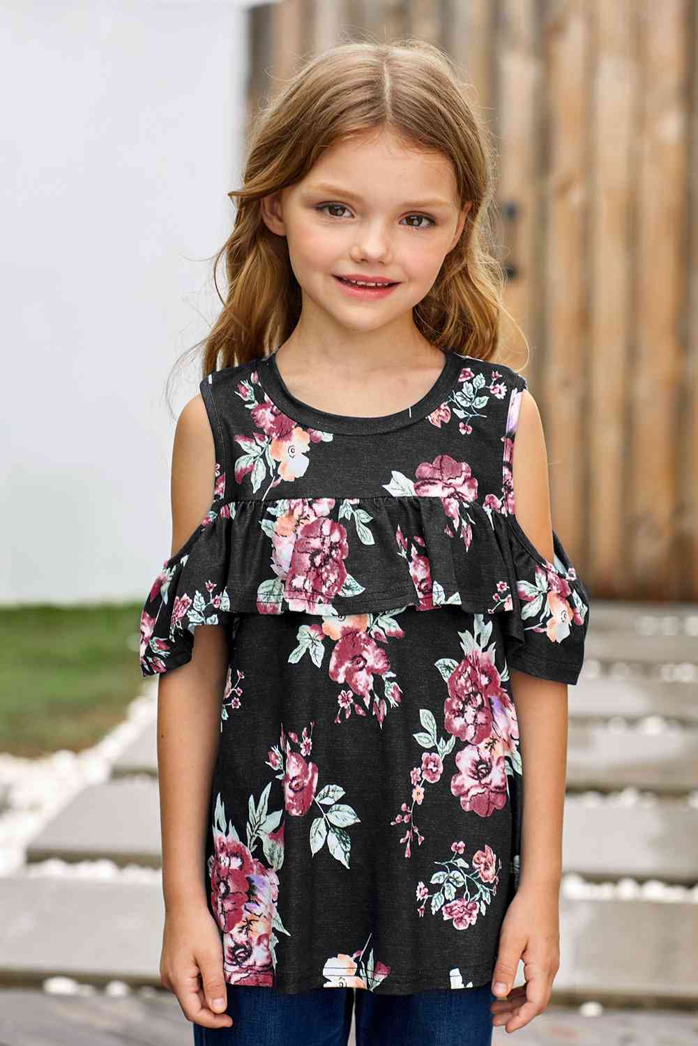 Girls Floral Cold-Shoulder Ruffled Top Kid's Fashion