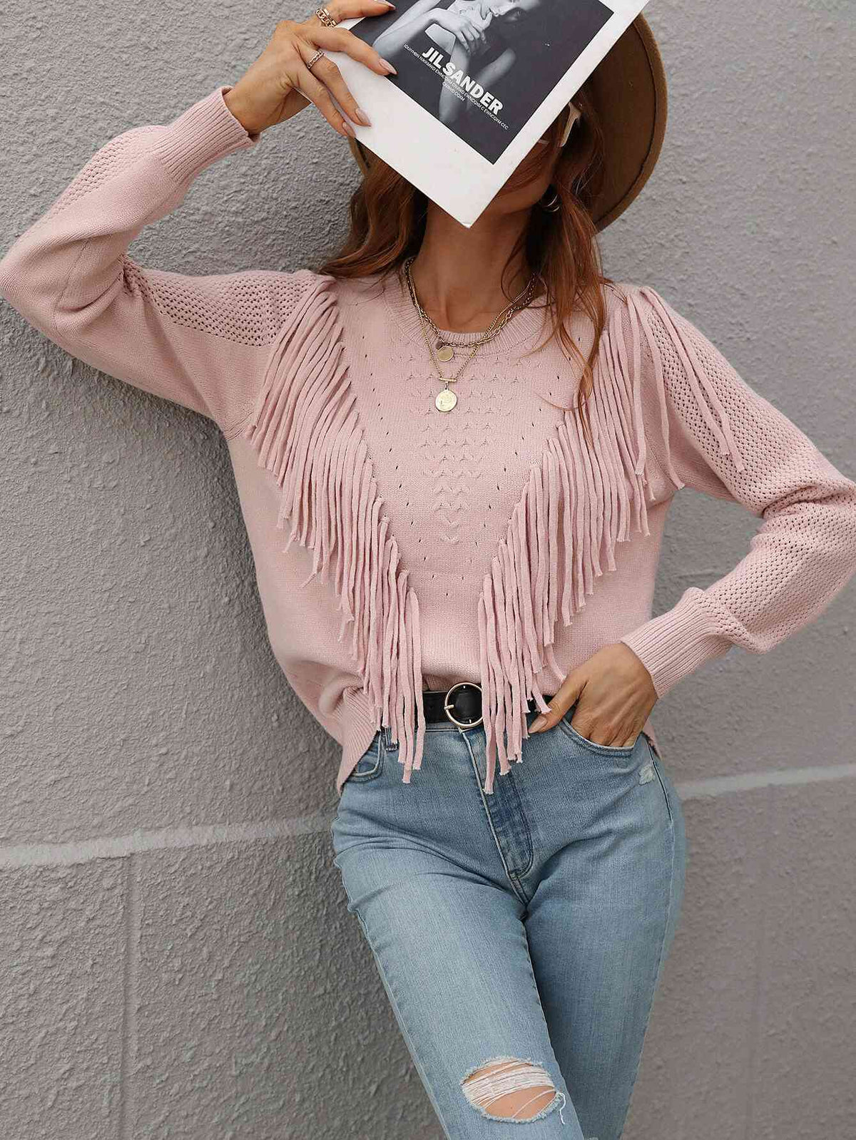 Fringe Long Sleeve Shirt Detail Ribbed Trim Sweater