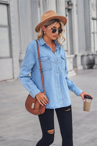 Collared Neck Dropped Shoulder Denim Top