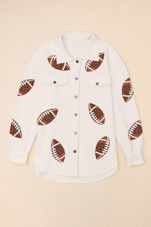 Sequin Football Fan Fashion Patch Collared Neck Snap Button Jacket