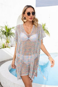 Women's Swimsuit Cover Up Openwork Slit V-Neck White Mesh