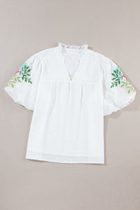 White Embroidered Notched V Neck Half Sleeve Blouse New Women's Fashion White Short Sleeve Shirt Boho Print