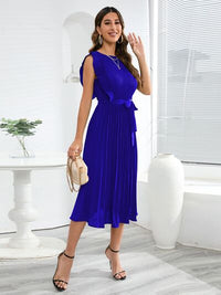 Round Neck Tie -Waist Pleated Short Sleeve Midi Dress Womens Fashion