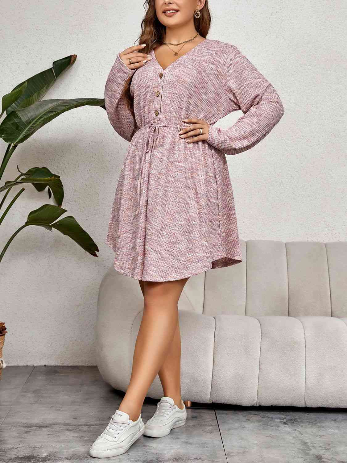 Plus Size V-Neck Tie Waist Long Sleeve Dress