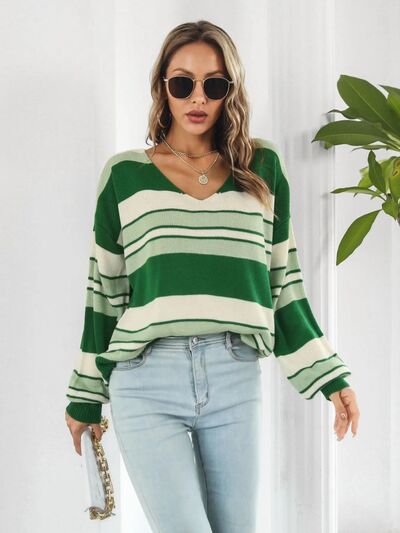 Womens Green Striped Long Sleeve Top V-Neck Dropped Shoulder Sweater