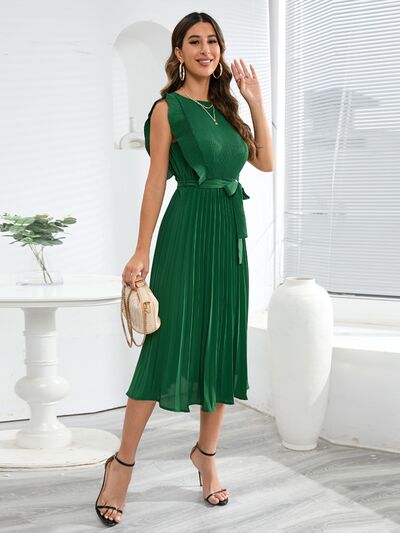 Round Neck Tie -Waist Pleated Short Sleeve Midi Dress Womens Fashion