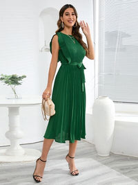 Round Neck Tie -Waist Pleated Short Sleeve Midi Dress Womens Fashion